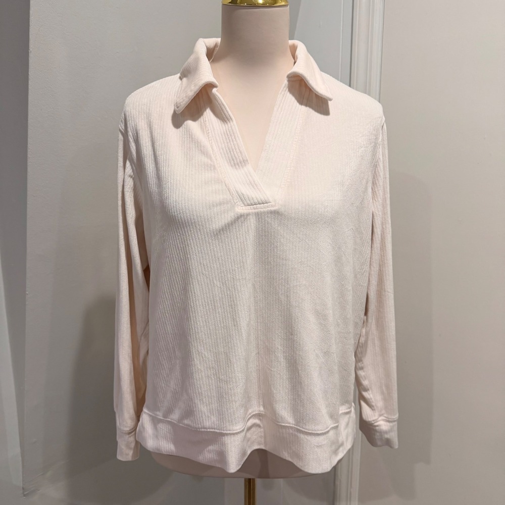 Nicole Miller Cream Ribbed Velour Pullover Top Cozy Loungewear | Size L